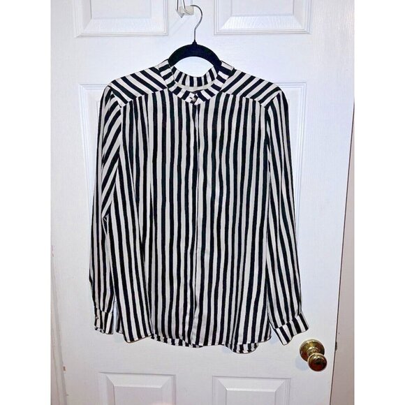 MAJE Black Ivory Striped Long Sleeve Hidden Button Blouse Sz 3/ L - Picture 2 of 13